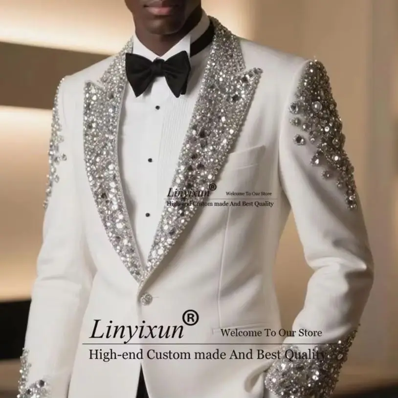 

Glitter Sequin Label Men Suits 2 Piece Sets Party Blazer Customized Slim Fit Costume Homme Luxury Rhinestone Beaded Groom Tuxedo