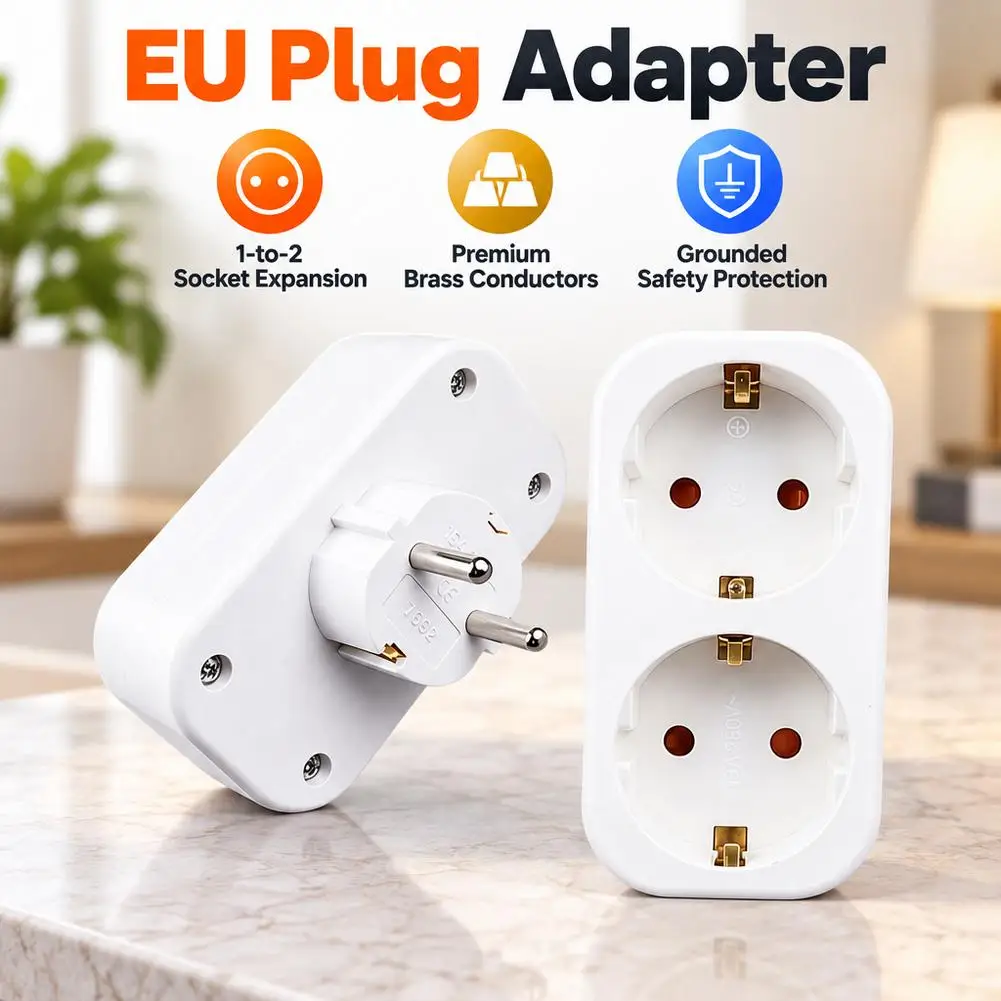 European Conversion Plug 1 To 2 Way EU Standard Power Socket Adapter 16A Grounded Travel Wall Outlet Extender Connector