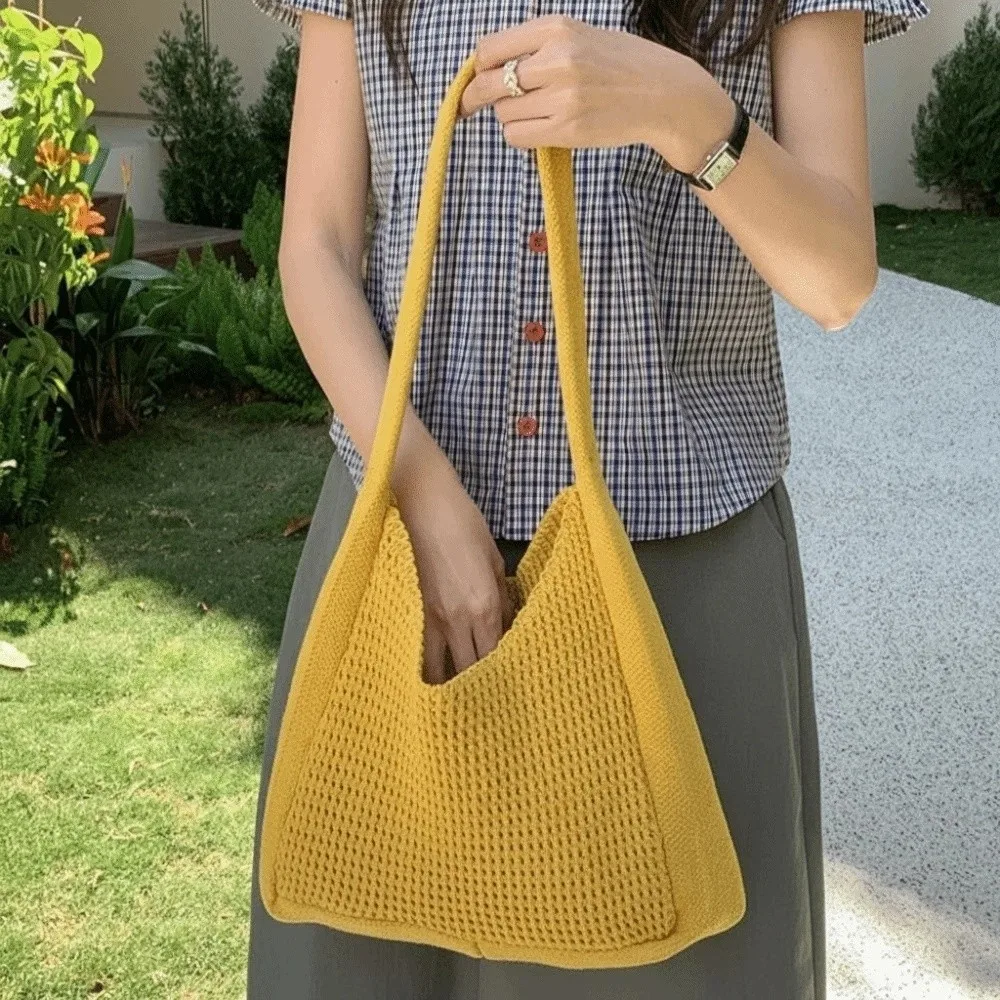 Sweet Knitted Tote Bag Breathable Lightweight Crochet Shoulder Bag Large Capacity Solid Color Seaside Vacation Handbag Female