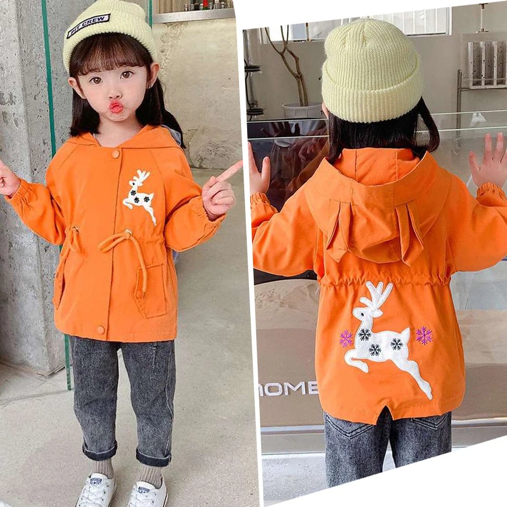 Girls Coat,Little Deer Decal Long Sleeve Drawstring Hooded Windbreaker,Kids Lightweight Trench Coat Children's Jacket Outerwear