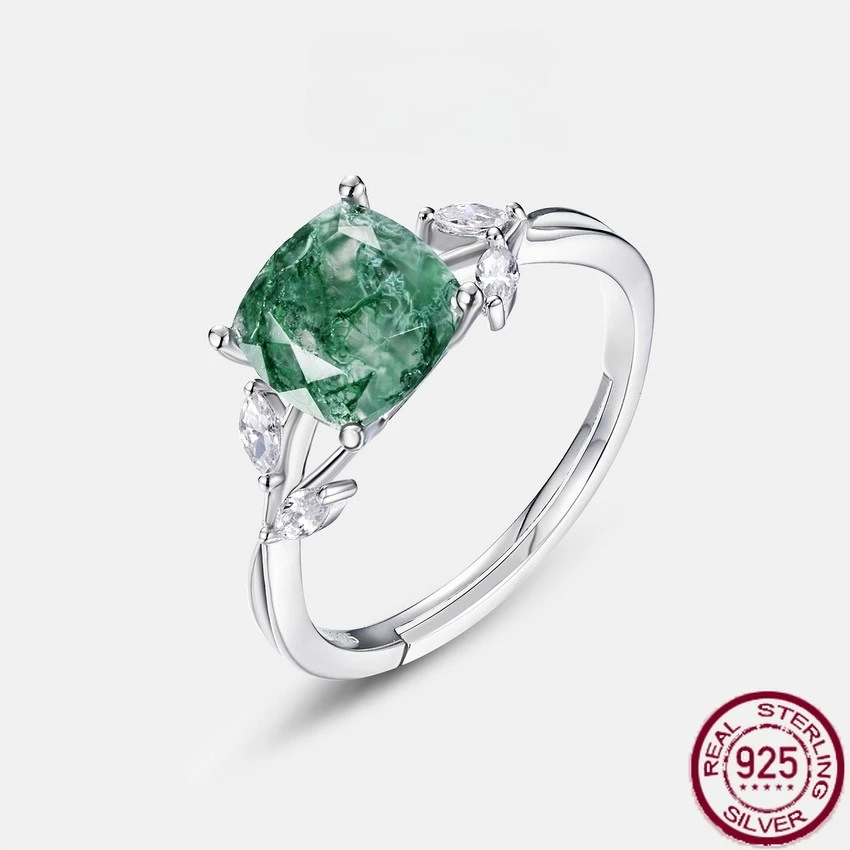 

New S925 Pure Silver Olive Branch Water Grass Agate Set with Green Moss Stone Open Ring Simple and Fashionable Wedding Jewelry