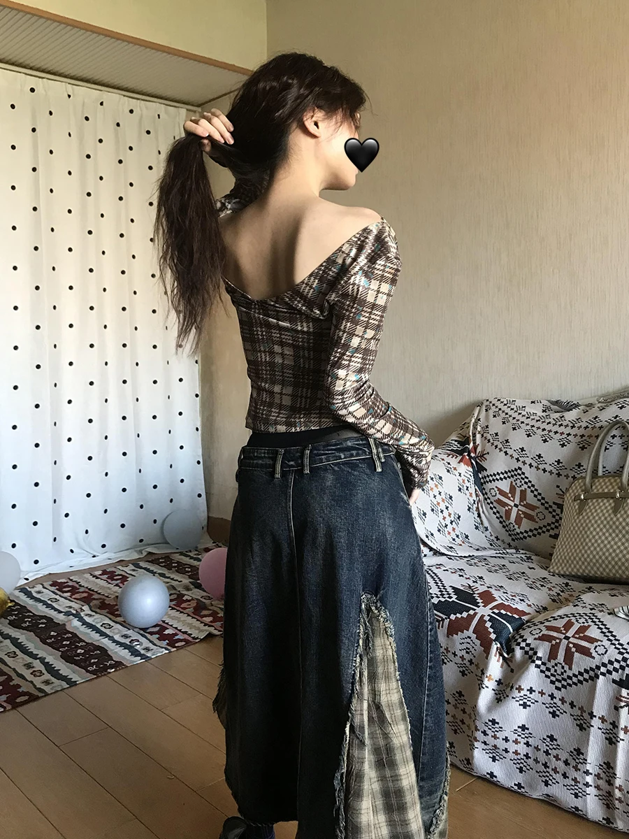 REDDACHiC Retro Tartan Patchwork Denim Skirt Women Ombre Overlay Waist A-line Asymmetrical Long Jeans Skirt Grunge Streetwear