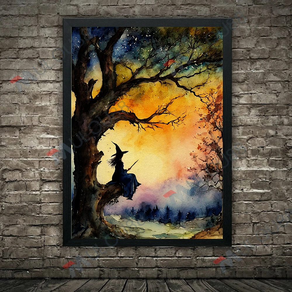 Tea Party For The Dead & Autumn Witch In The Darkling Woods Vintage Wall Art Canvas Painting Young Witch Art Poster Print Decor