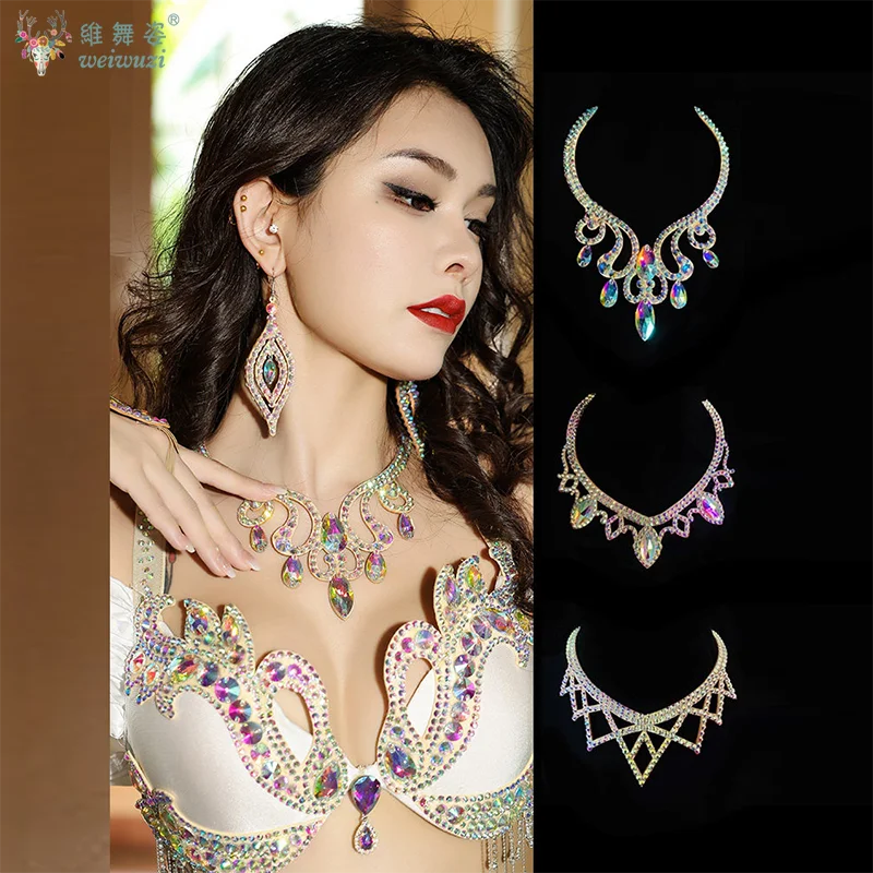 Belly Dance Sparkle Necklace Competition Dancer Accessory Women's Shine Dancing Necklace Stage Performance Costume Egypt Show