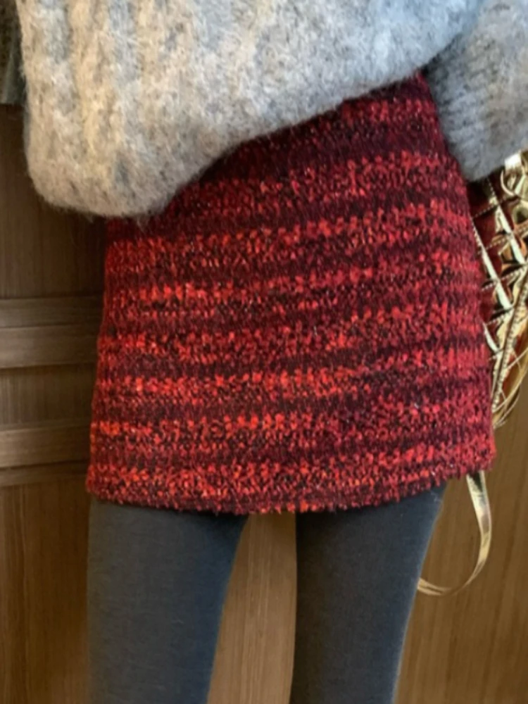 Koreanische Mode Vintage Tweed A-Line Mini Rock Frauen Winter Hohe Taille Wolle Mischung Chic Kurzen Rock Retro Süße Kühle Casual stil