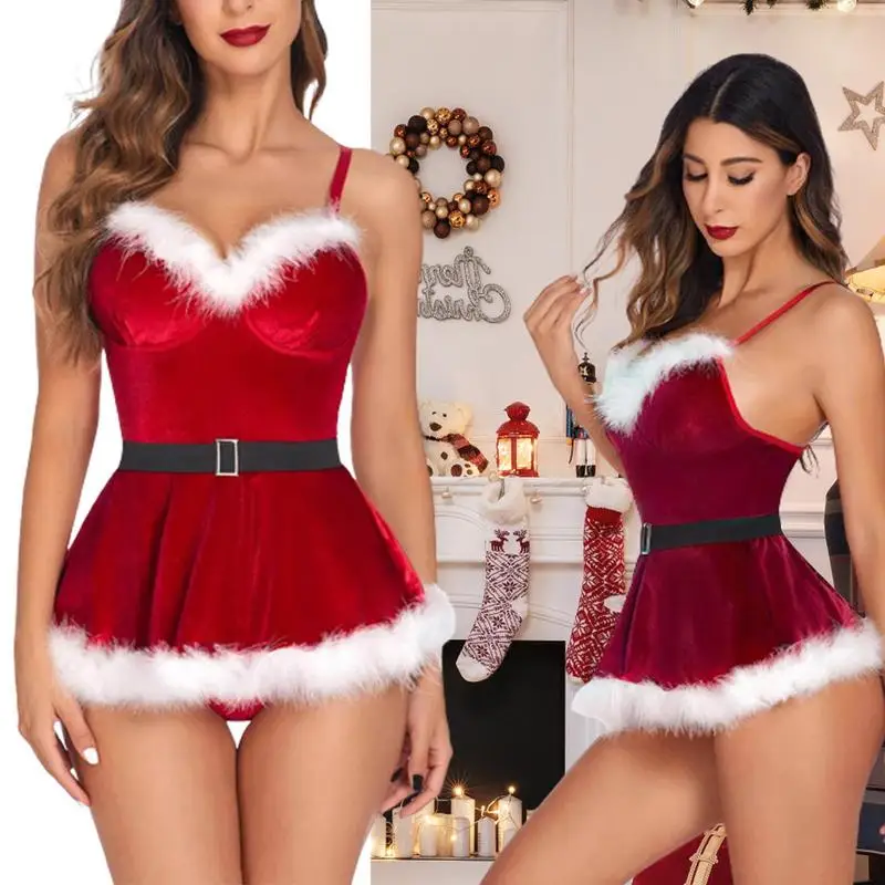 여성용 섹시한 산타 원피스 Mrs Claus 코스튬 산타 원피스 란제리, 크리스마스 원피스 잠옷, V넥, 피부 친화적인 섹시