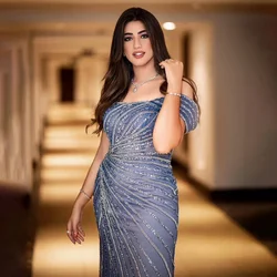 Hot Sale Blue Boat Neck Split Mermaid Elegant Beaded Arabic Evening Dresses Gowns For Woman Wedding Party 2023 LA71858