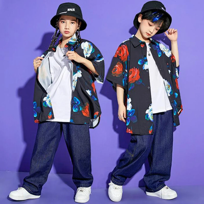 Kids Ballroom Hip Hop Show Clothing Print Shirt Tops Streetwear Baggy Denim Pants For Girl Boy Jazz Dance Wear Costume Clothes