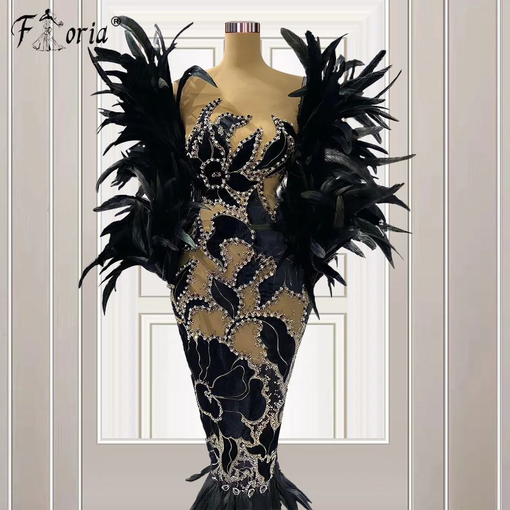 Vintage Design Long Sleeves Feathers Mermaid Party Dresses Black Evening Prom Dress Custom Made vestidos de ocasión formales