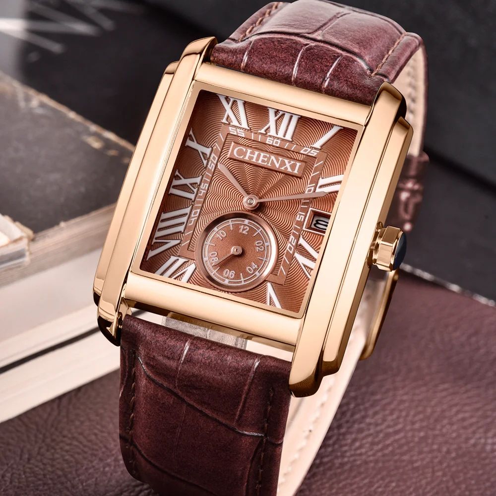 CHENXI 8216 Fashion Classic Square Brown Leather Strap Wristwatches Mens Top Luxury Brand Watches Quartz Clock Montre Femme