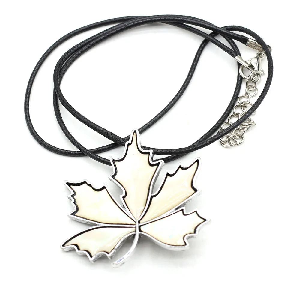 Natural Abalone Shell Pendant Necklace Vintage Maple Leaf Shape Alloy Brooch Necklace With Leather Rope Charm Jewelry For Women