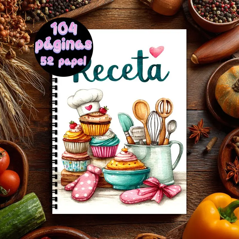 Cuaderno de recetas en español A5, libro de colección de recetas con encuadernación en espiral, puede contener hasta 100 recetas, diseño de magdalenas coloridas