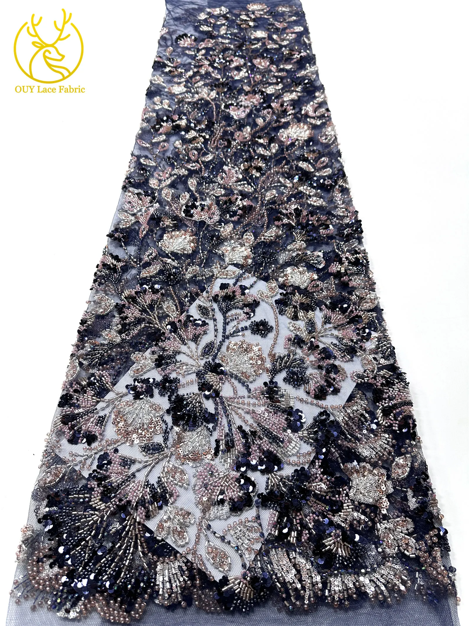 Luxuriöser afrikanischer schwerer Perlen-Spitzenstoff 2026, hochwertiger nigerianischer Tüll mit Pailletten, Spitzenstoff, Brautkleid, Haute Couture-Stoff – Detail 22