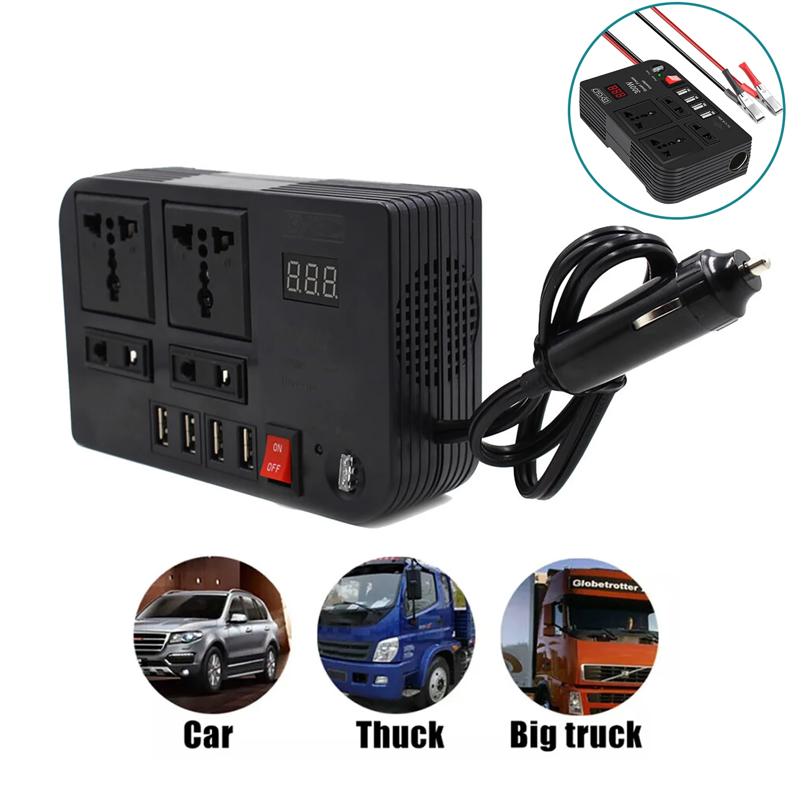 

300W Multi-Functional Car Inverter Modulated Wave DC12V to AC220V Car Cigarette Lighter/Battery Clip Power Adapter Converter