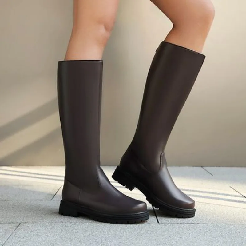 Retro Black Thick Bottom Long Boots Women 2025 Autumn Pu Leather Knee High Boots Woman Plus Size 44 Side Zipper Platform Shoes