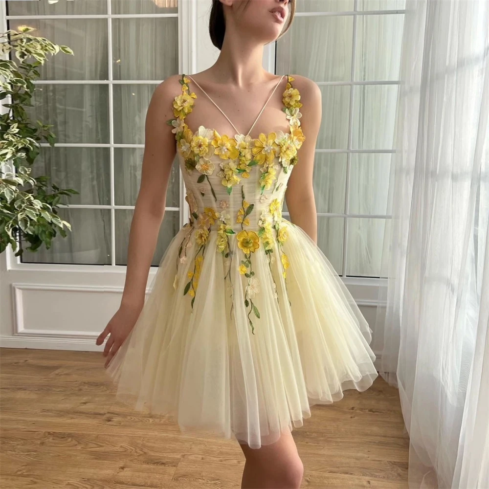 

Customized Prom Gown Evening Formal Dress Spaghetti Strap A-line Mini Length Skirts Embroidery Tulle Bespoke Occasion Dresses Sa