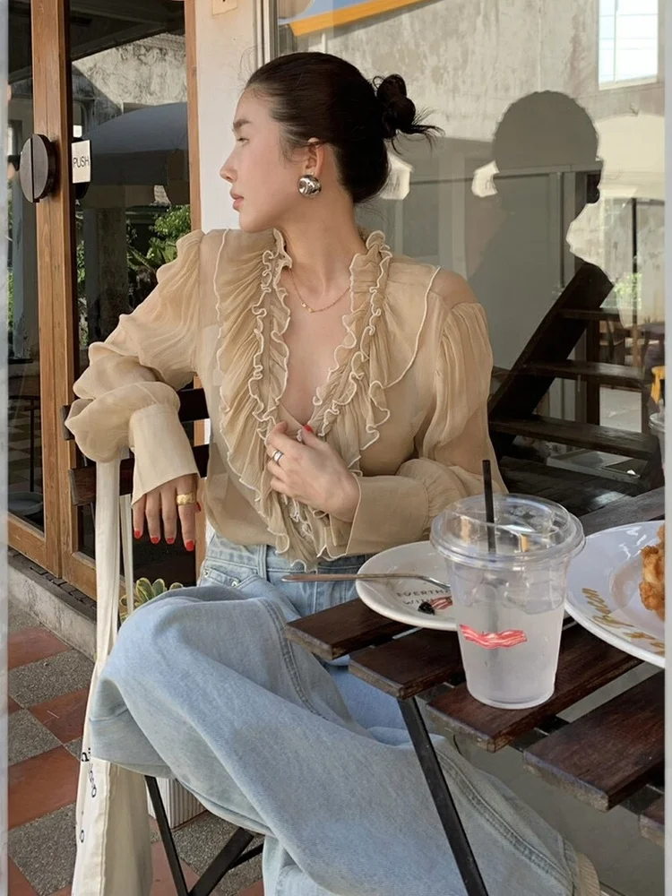 

Ele Long Sve Women's Blouse Lace Trim V-Ne Chiffon irt Layering irt French Sle Straight Cut Daily Wear