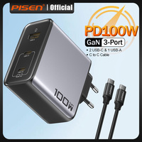PISEN 100W GaN Charger Fast Charge PD 3.0 QC 4.0 3 Ports With one 100W C to C Cable For iPhone 16 15 14 Pro Samsung Xiaomi iPad
