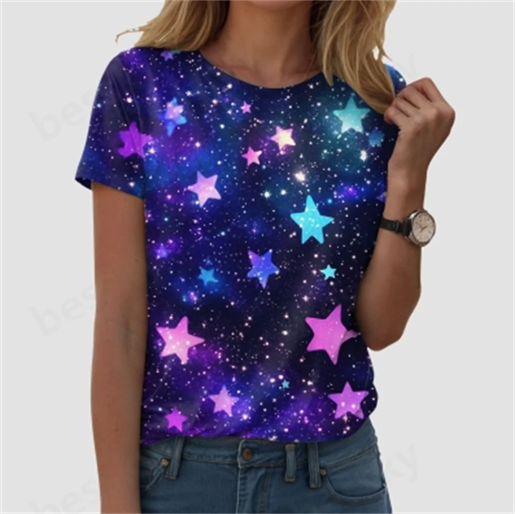 

Ladies round Neck Short-Sleeved Shirt Starry Sky Print Loose Casual Spring Summer Top