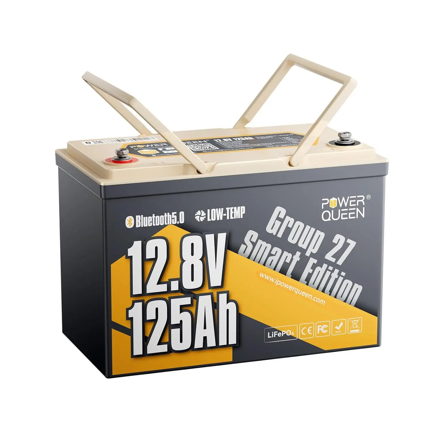 12V 125A Group 27 Lithium LiFePO4 Battery for RV, Trailer | Bluetooth 5.0, Low-Temp Protection, 1600Wh Energy Max. Up, Custom
