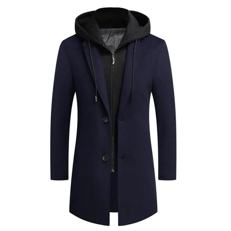 Autumn Winter Men Hooded Wool Jacket Autumn Mens Long Windproof Wool Coat Casual Thick Slim Jacket Male Size M-5Xl 4 Colors