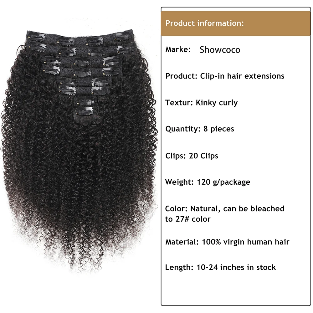 Showcoco Kinky Curly Clip In Human Hair Extensions Full Head 120g/set Remy Triple Wefts Human Hair For Black Women 10inch-24inch