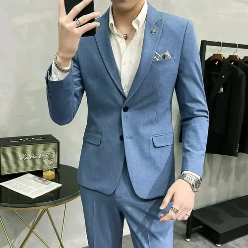 (Blazer + Pantalones) traje de negocios Formal informal a cuadros de marca de alta gama para hombre, vestido de boda para novio, traje ajustado, chaqueta, pantalones
