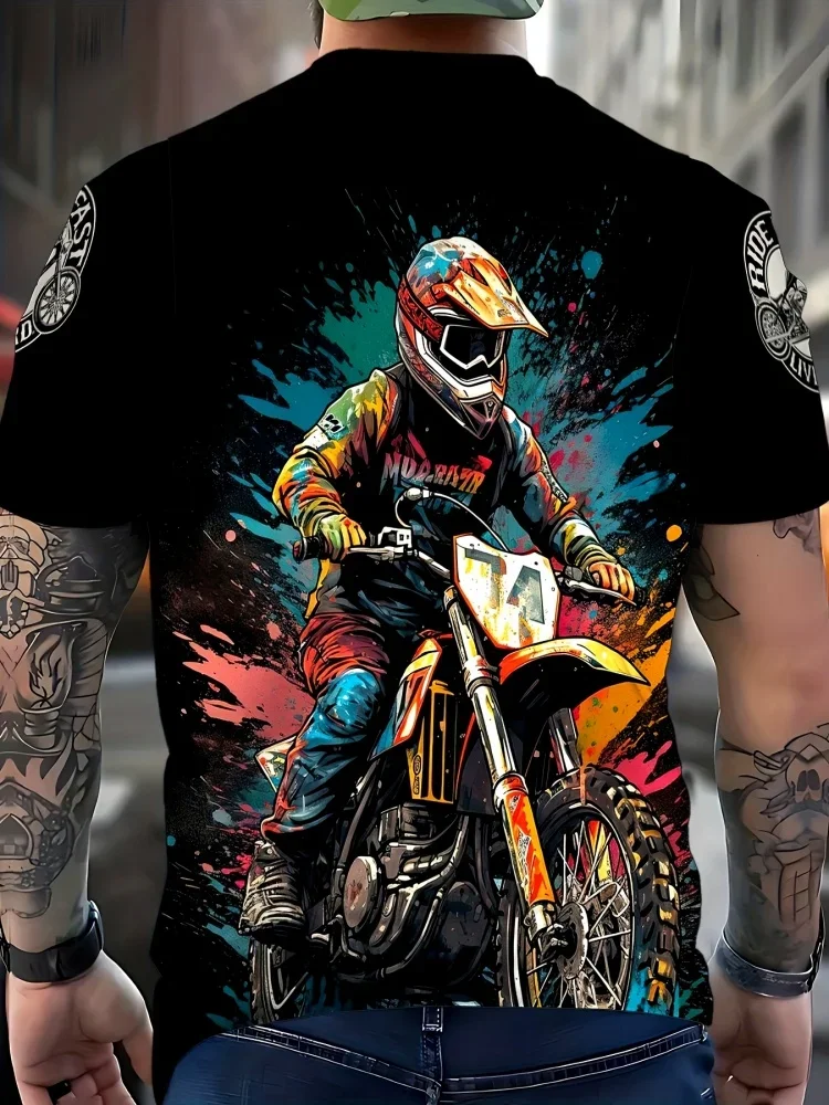 Trendiges Cooles Motocross-T-Shirt mit Rückenaufdruck für Herren, Modischer Street-Style, Tägliche Freizeitkleidung, Hip-Hop Männermode