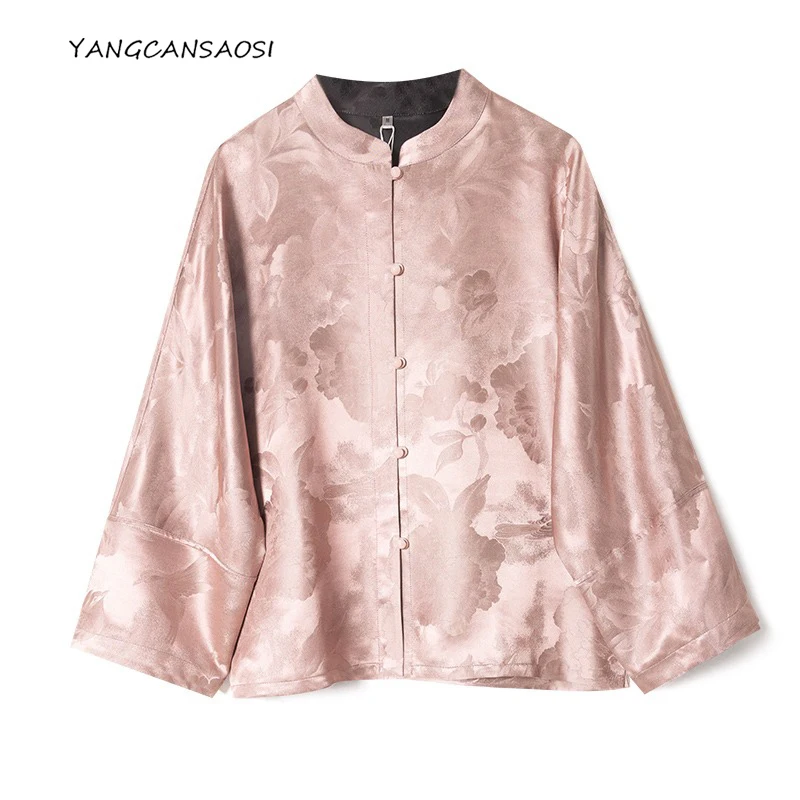 

Женская модная одежда с принтом пиона, 100% натуральный шелк шелковицы, ароматная пряжа с воротником-стойкой, однобортное пальто с пряжкой