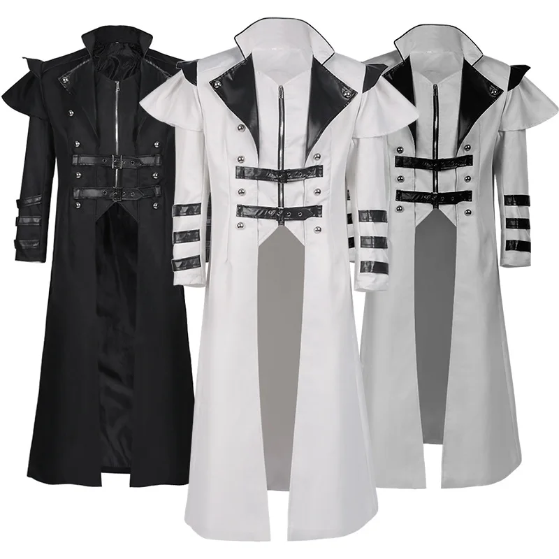 

Vintage Halloween Medieval Steampunk Assassin Cosplay Elves Pirate Costume Men Black Long Split Jacket Retro Gothic Coat Clothes