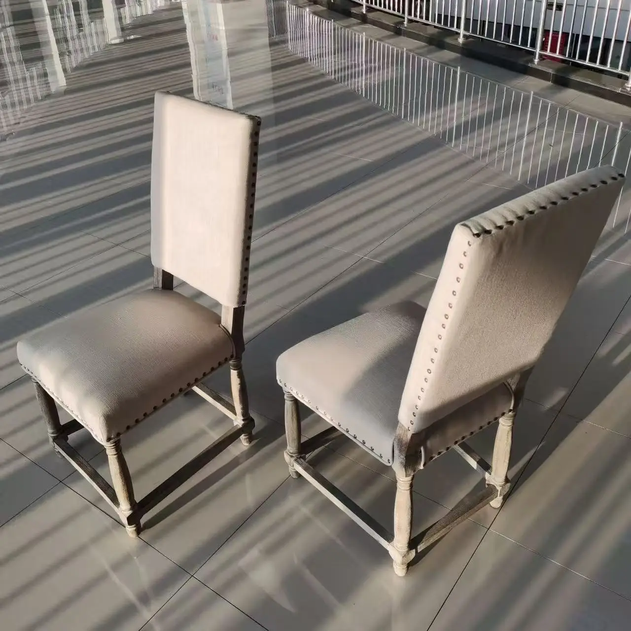 #Wooden Dining Chair, Rustic Inn/estate Property, Spacious, High-back, White Linen/cotton Dining Chair, Study Chair