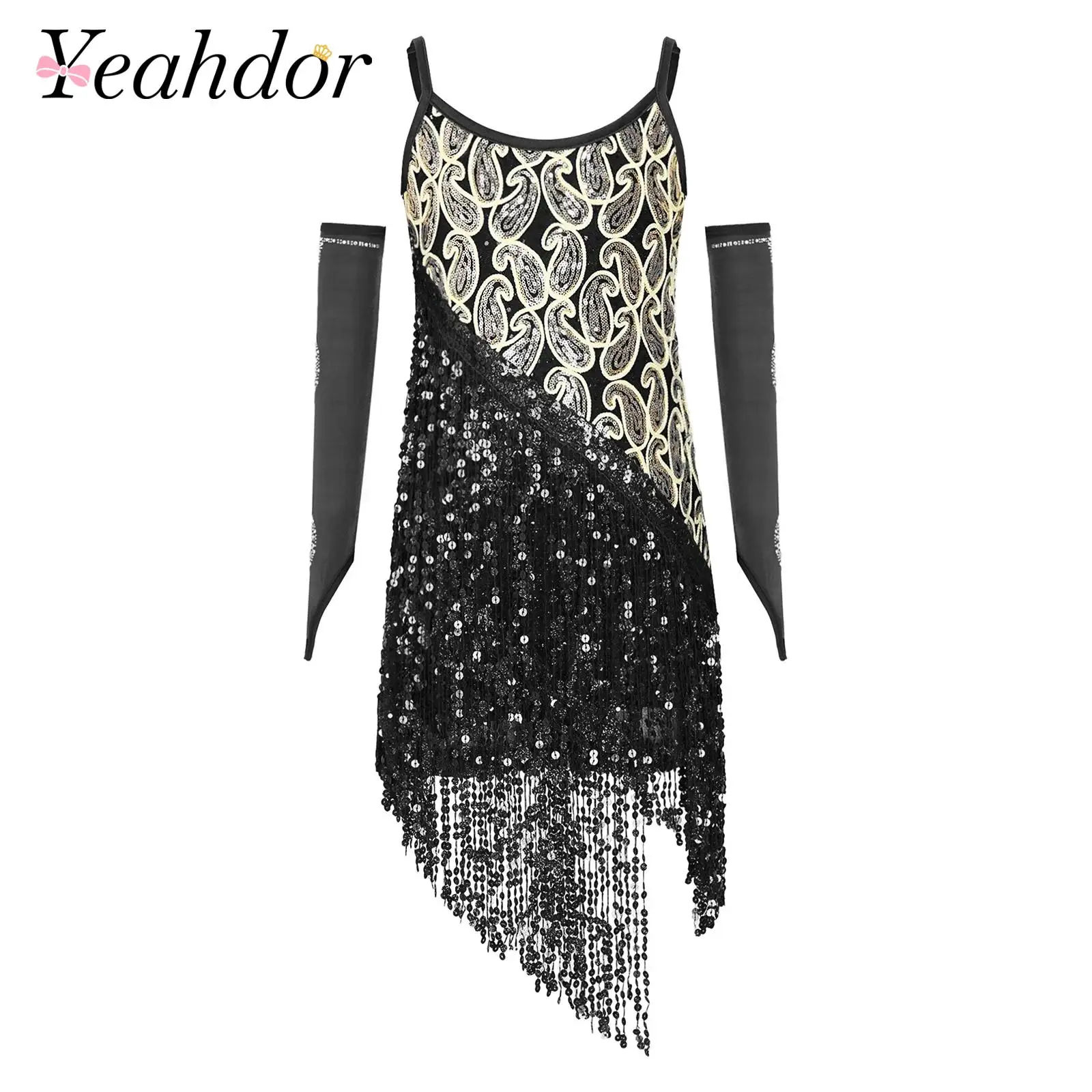Girls Children Spaghetti Straps Tassel Latin Dance Dress Salsa Cha-cha Tango Fringe Outfit Kids Rumba Dancing Dress with Gloves