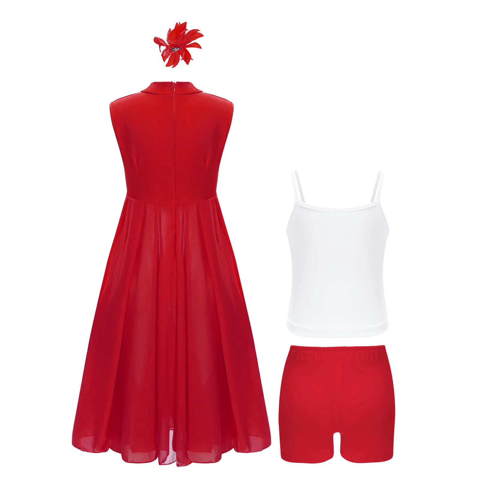 Kids Girls Modern Dance Outfit Stage Performance Costume Solid Color Dress with Camisole Shorts Scarf And Flower Headwear