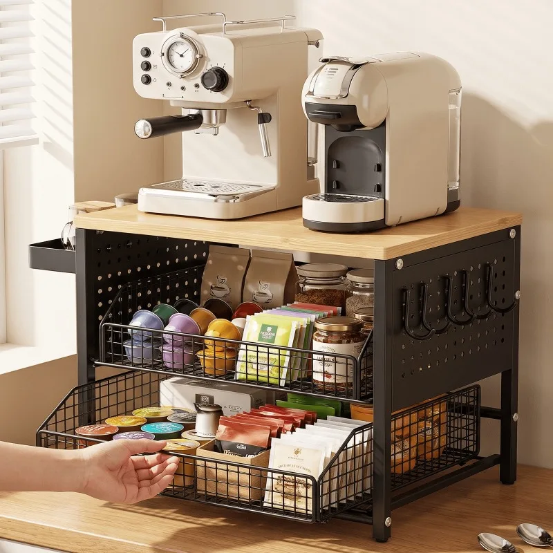Upgraded 3-Tier Coffee Station Organiser with Side Pull-Out Storage Tray & 5 Detachable Hanging Hooks, Kitchen Worktop Coffee Bar Shelf, Multi-Purpose Tea Bag Spice Pod Storage Rack, Space Saving Countertop Organiser for Home Coffee Corner