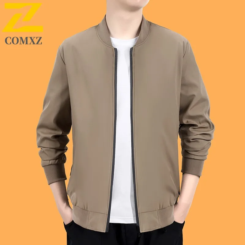 

COMXZ 2025 Мужская куртка с воротником-стойкой, деловая повседневная удобная мотоциклетная куртка, универсальное однотонное прочное осеннее мужское пальто