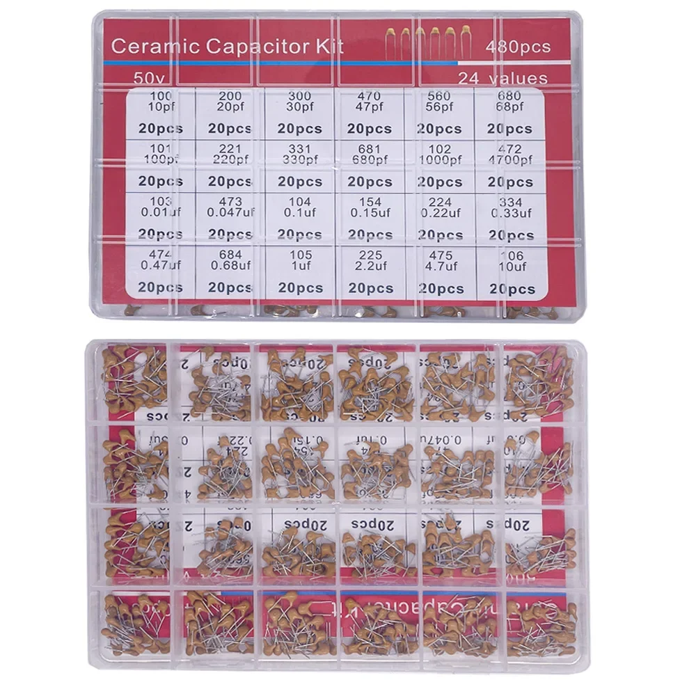 480pcs Ceramic Capacitor Assortment Kit for Guitar Capacitor 24Values 0.1uf-10uf