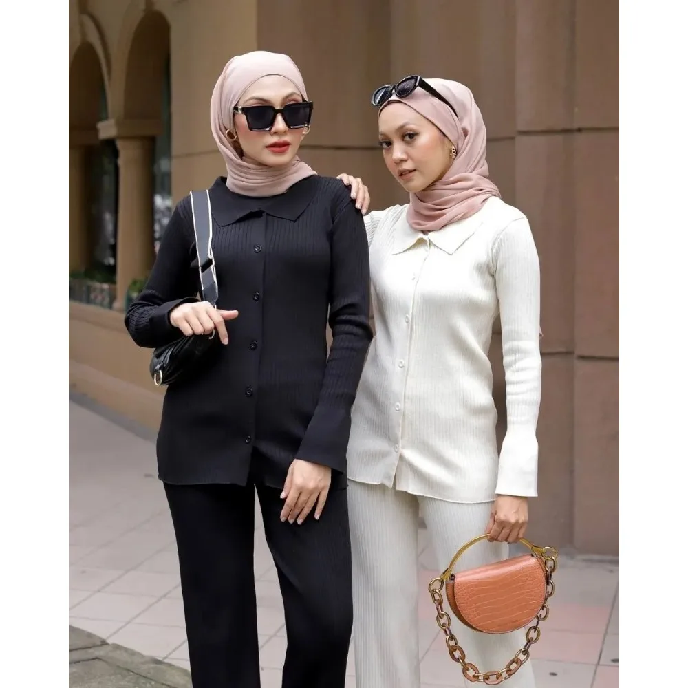 2024 New Autumn Winter Sweater Knitted Shirt 2 Piece Sets Women Modest Clothing Muslim Sets Casual Pant Abaya Femme Niqab