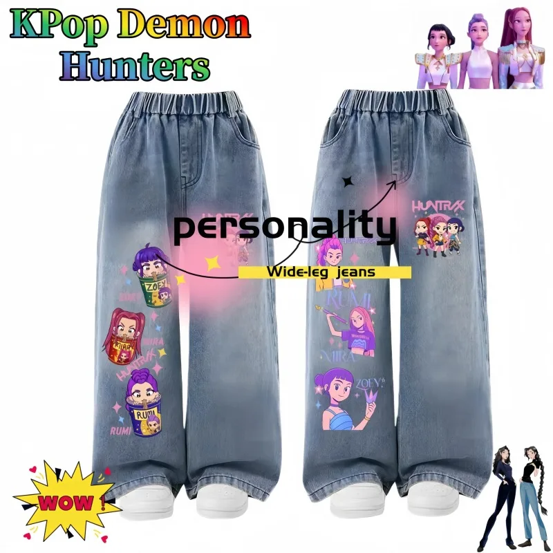 KPop Demon Hunters Jeans pour filles Dessin animé mignon à la mode personnalisé confortable doublé polaire pantalon à jambes larges cadeau d'anniversaire