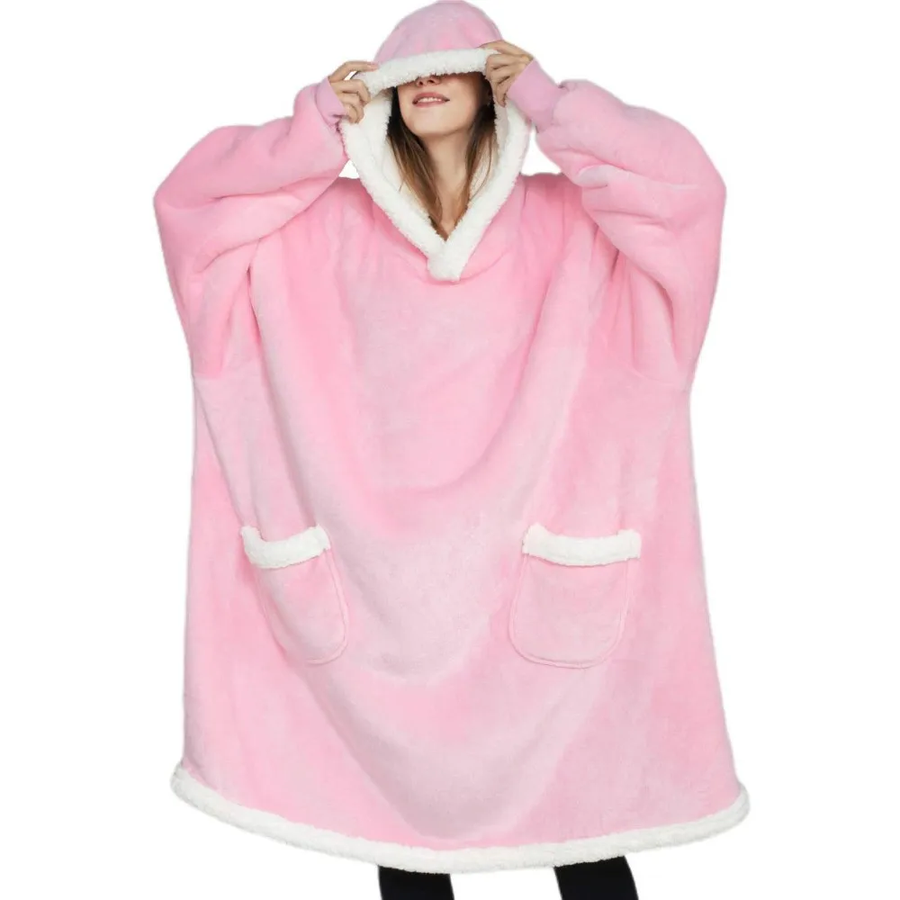 Winter Warm TV Blanket with Sleeves Big Pocket Fleece Family Sherpa Hoodies Oversized Flannel Soft Hooded Robe Blankets