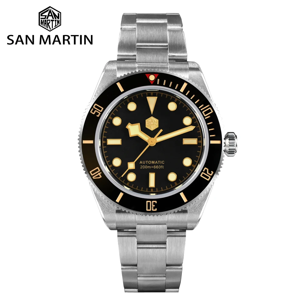 San Martin - Men\'s 40mm Diver Watch Luxury Retro Bracelet with PT5000 SW200 Sapphire Rivet Luminous Waterproof BB58