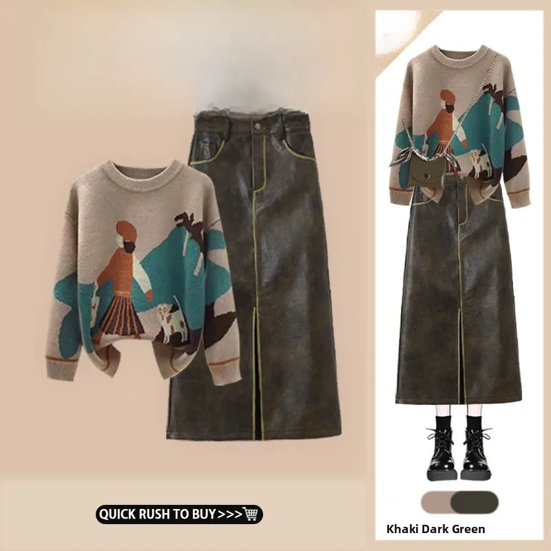 

Korean Style Knitted Sweater And Skirt Two-Piece Set for Women Autumn Fashion Casual Chic Age-Defying Bodycon Outfit