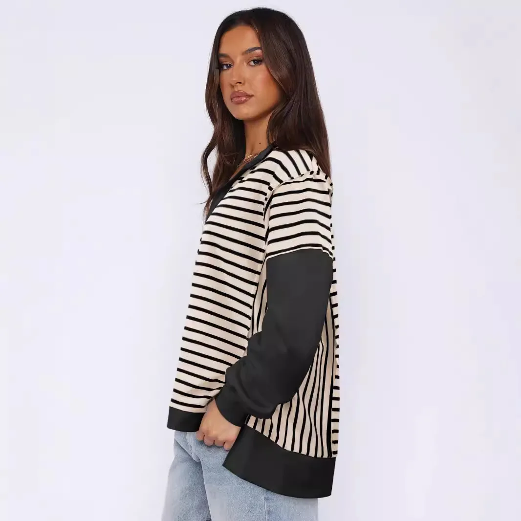 Women's Pullover Spring Autumn Female Contrast Stripe Long Sleeve Tops Lady's Casual Loose Sweat Jacket Women's Oversize Tops