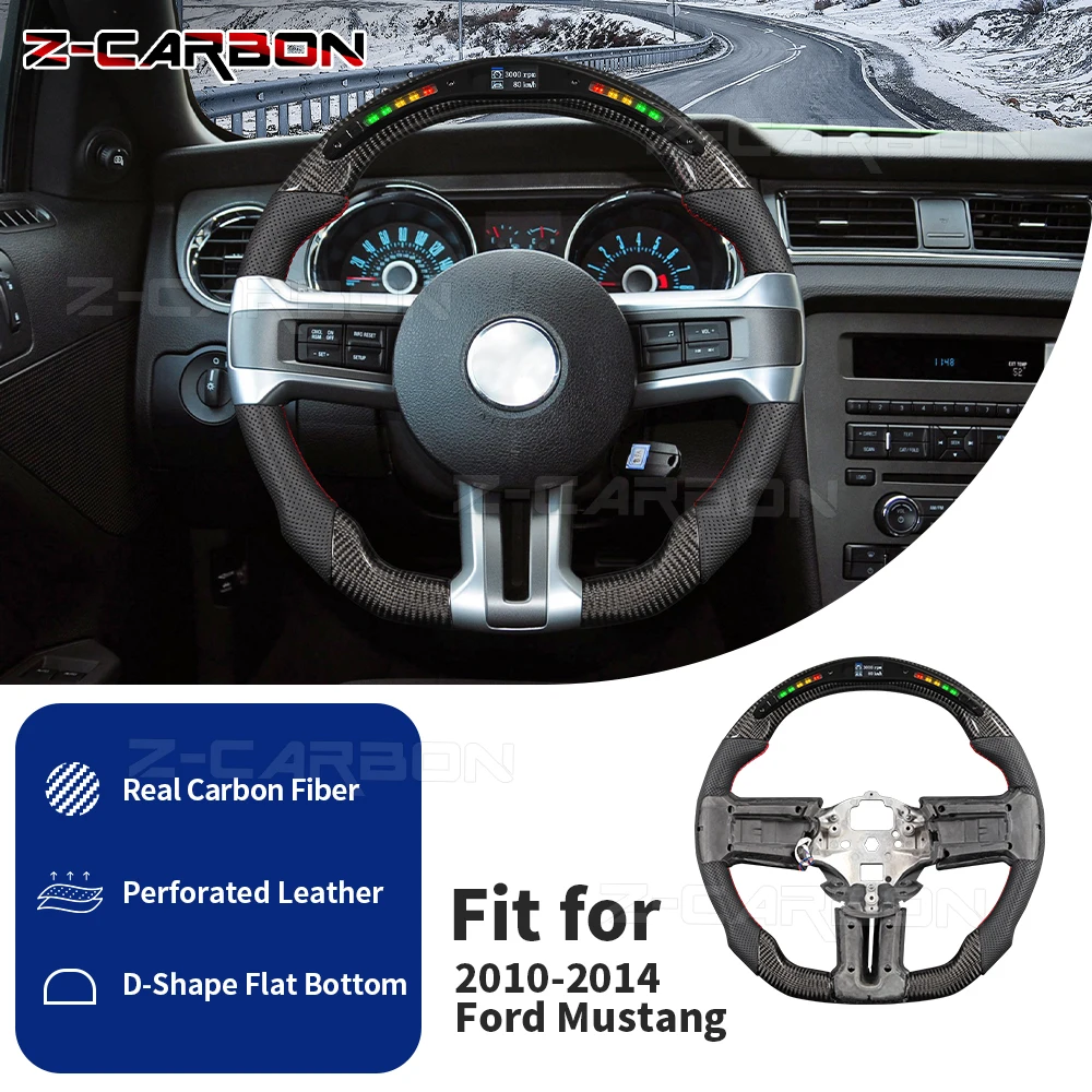 

Перфорированный кожаный руль из углеродного волокна для Ford Mustang GT 2010-2014, светодиодный руль, спортивное колесо, красная строчка