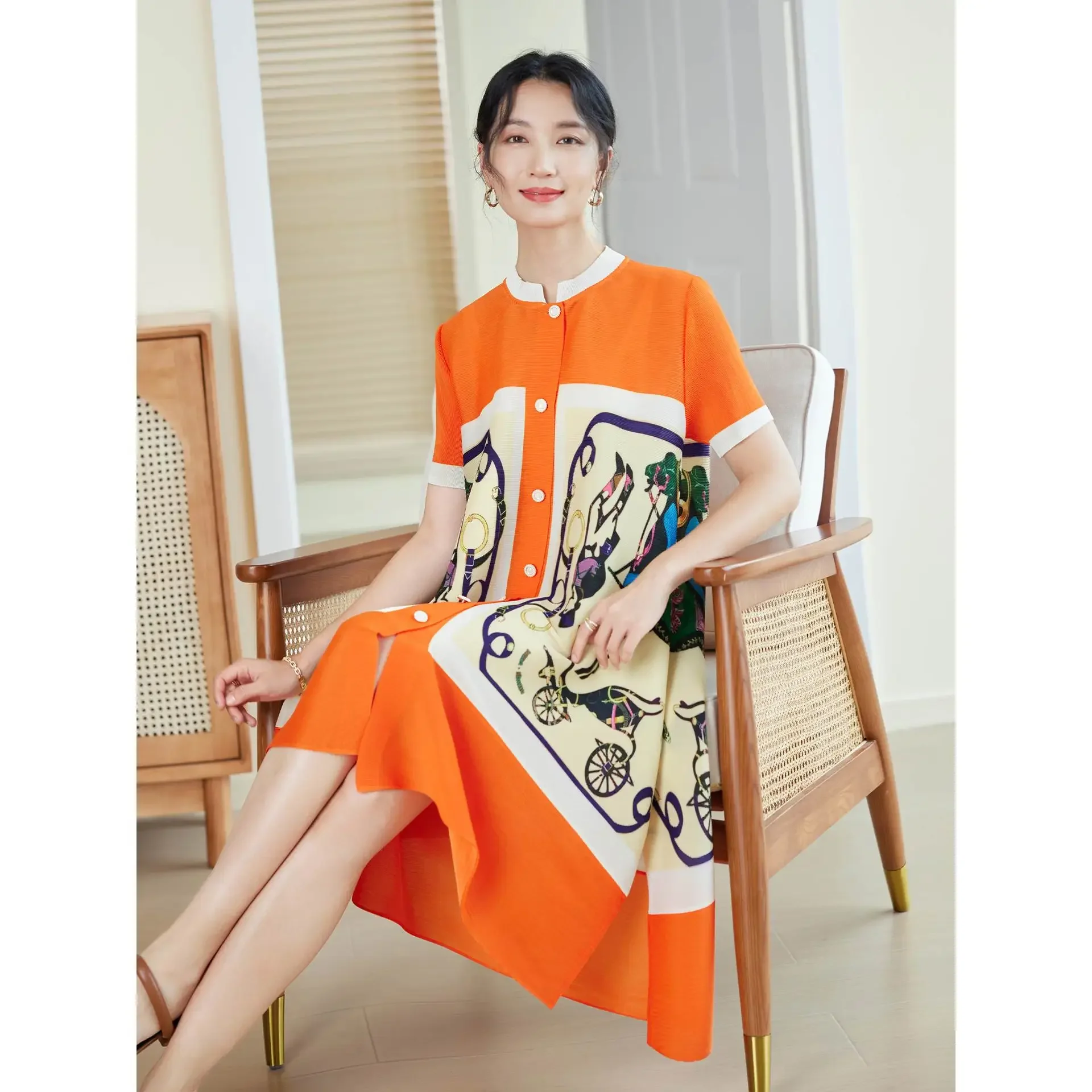 

Elegant Dresses Women, High-end Dress with Miyake Pleats, Fashionable Print, Loose Large-sized, Fashionable Mid-length,2024 New