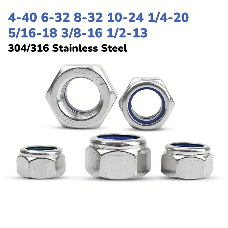 304 316 Stainless Steel Nylon Insert Hex Self Locking Nut UNC American Standard Lock Nut 4-40 To 1/2-13 Size