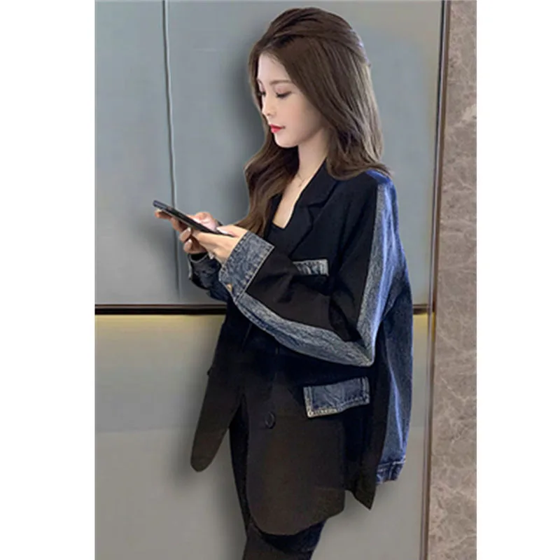 Temperament Fried Street Long-sleeved Small Suit 2022 New Women\'s Design Sense Casual Stitching Suit Jacket Denim Jacket Niche X