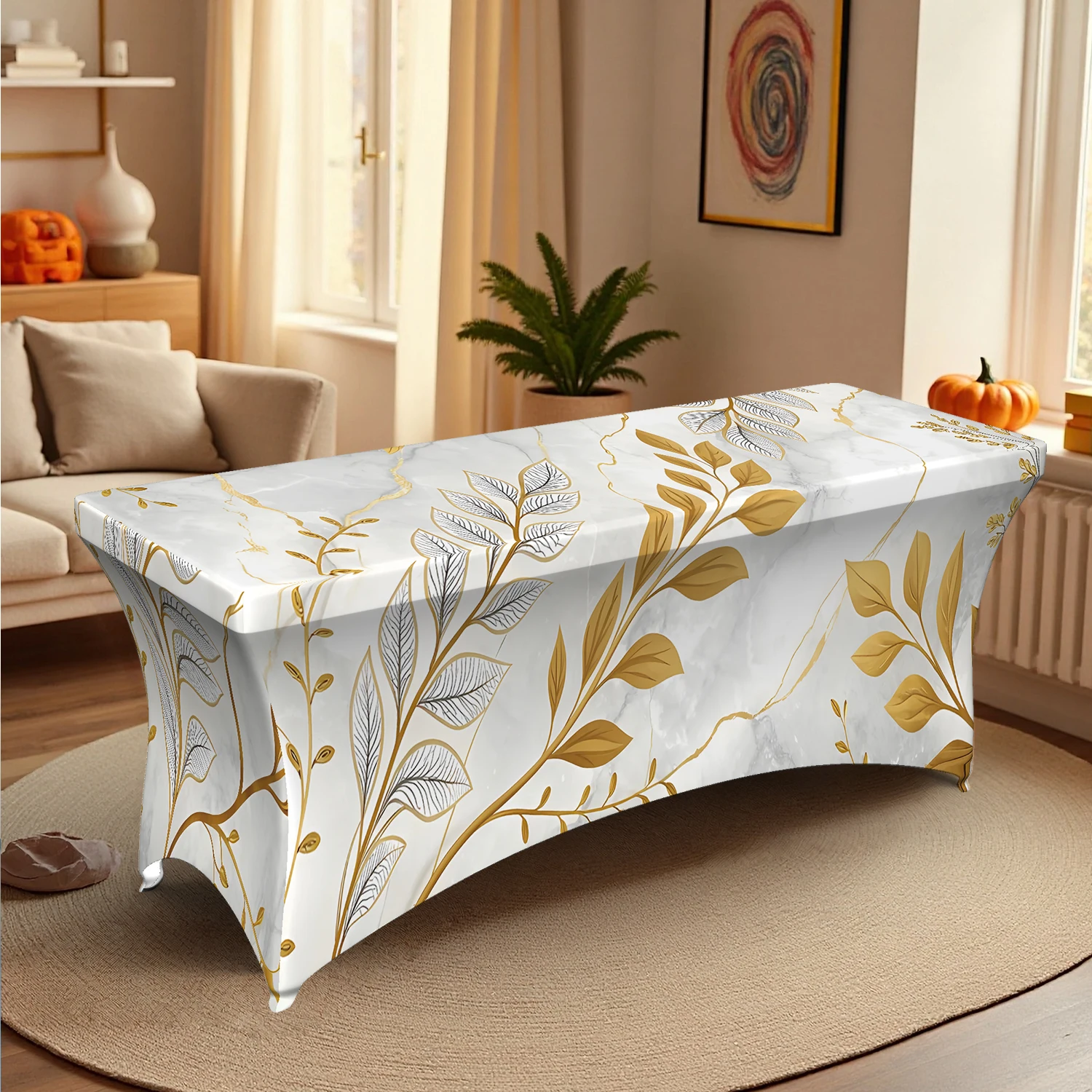 1PC Summer Outdoor Elastic Tablecloth, Elegant White & Gold Leaves Printed, 4/6/8FT Rectangular Stretchable T