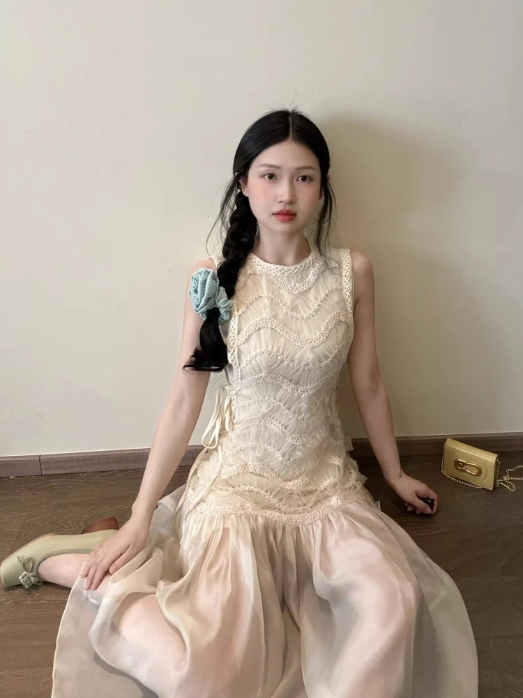 

Summer French Sle Vest Dr Women's High Waist Me Splicing Svel Long Dr A-Line Skirt round Ne Zipper Closure