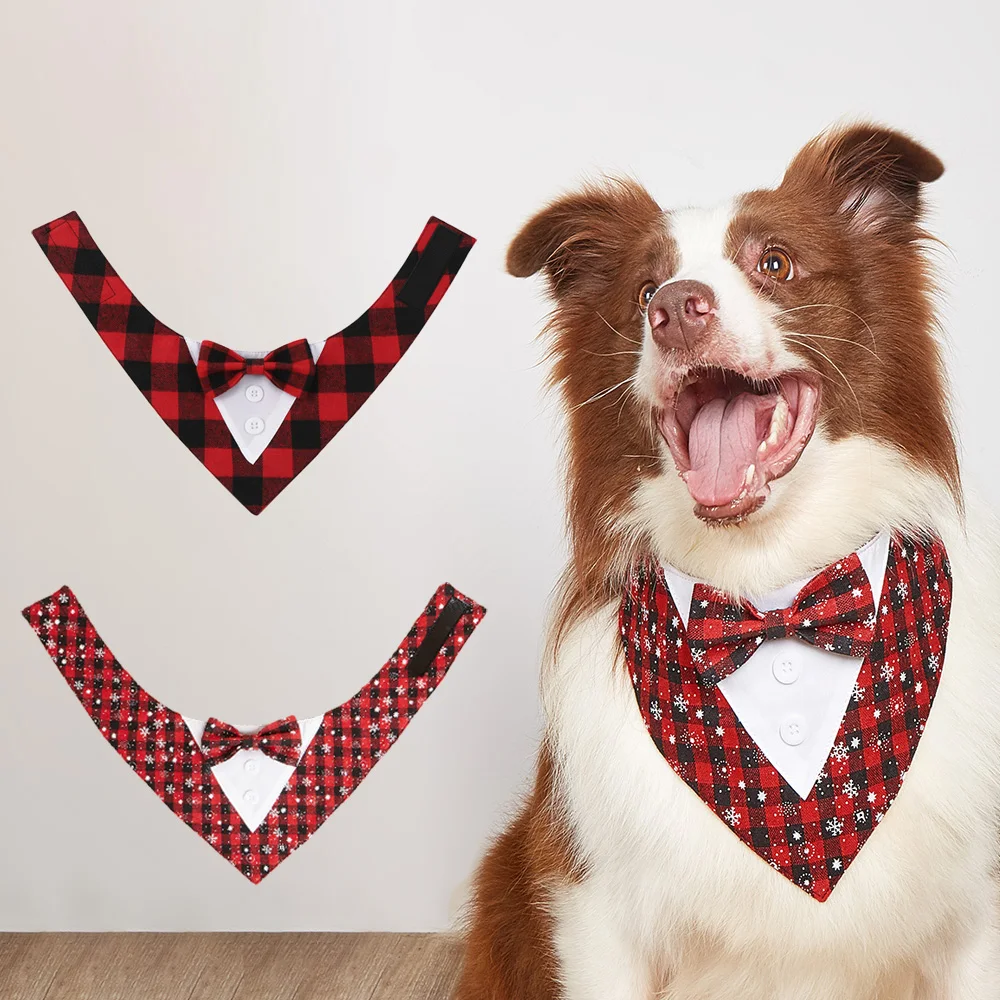 Plaid Snow Christmas Dog Tuxedo Formal Suit Wedding Attire Bandana with Bow Tie Dog Birthday Costume Adjustable Tuxedo Dog Scarf