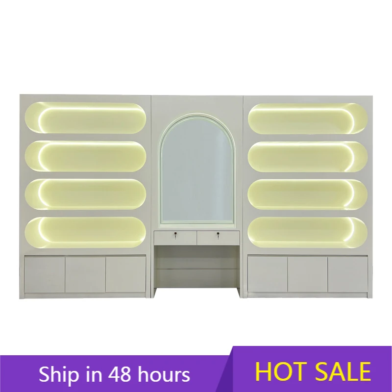 

YTYIN Suppliers Custom Make Modern Wood Wall Stand Solon Furniture Nail Rack with LED Lighting Nail Polish Rack Display Cabinet